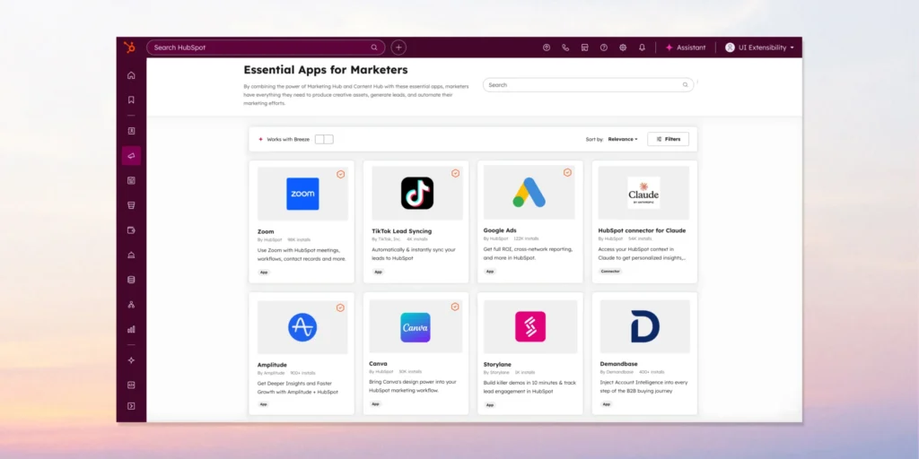 HubSpot App Marketplace com integrações para Zoom, Canva, Google Ads, TikTok e outros aplicativos empresariais.