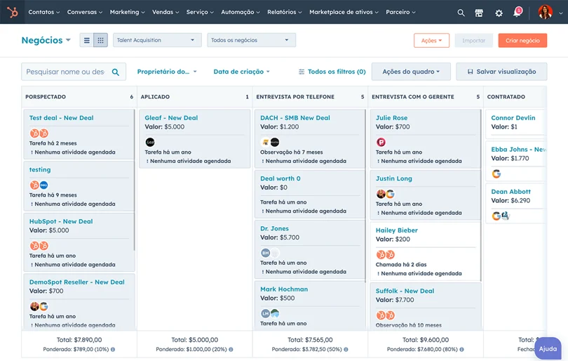 Pipeline de vendas do HubSpot CRM com oportunidades organizadas em colunas representando as etapas do funil comercial.